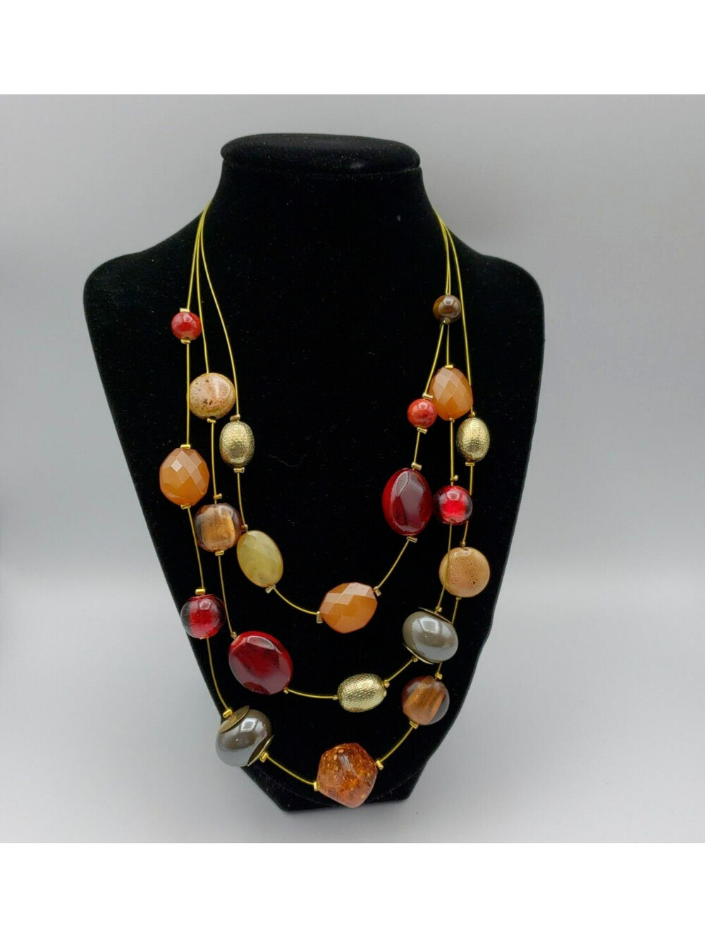 Three Wire Strand Necklace Beaded Gold Deep Red Amber Metal Stone Ceramic Bead